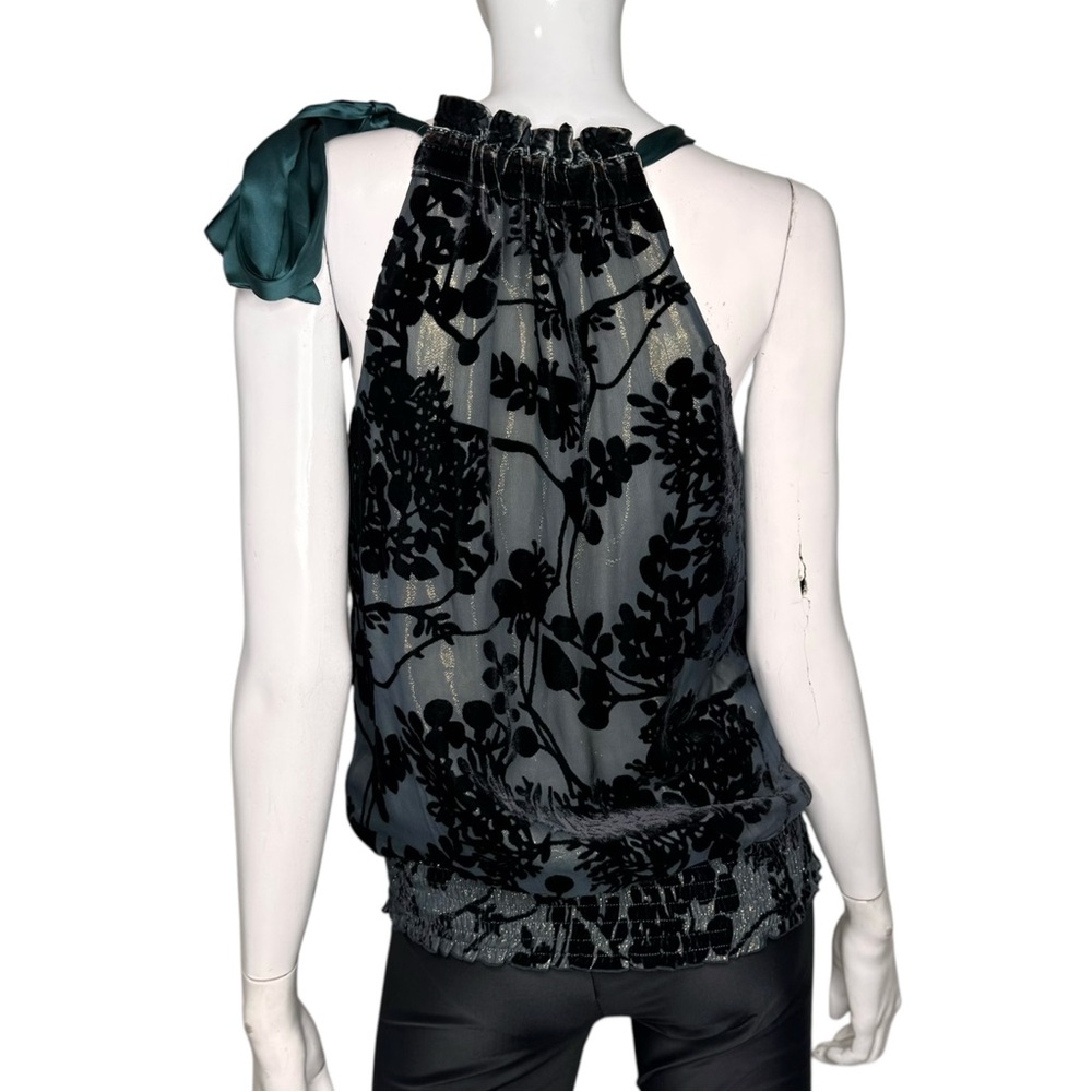 Halo Bob Silk Blend Velvet Vibrant Green Ruffled Sleeveless Halter Blouse - Picture 7 of 9